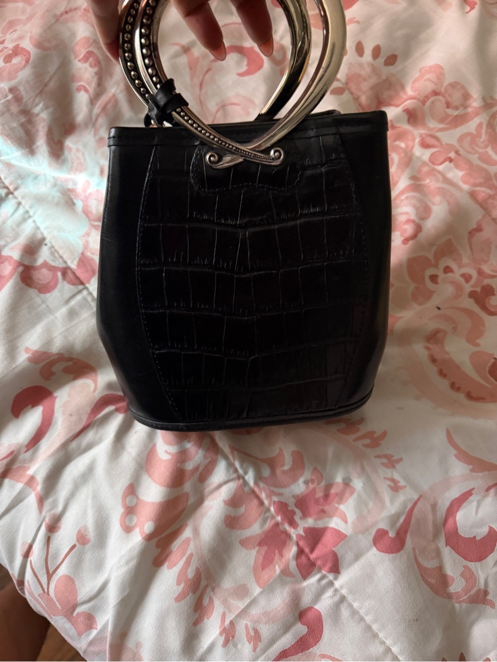 Black Croc-Embossed Bucket Bag with Decorative Gold Ring Handles
